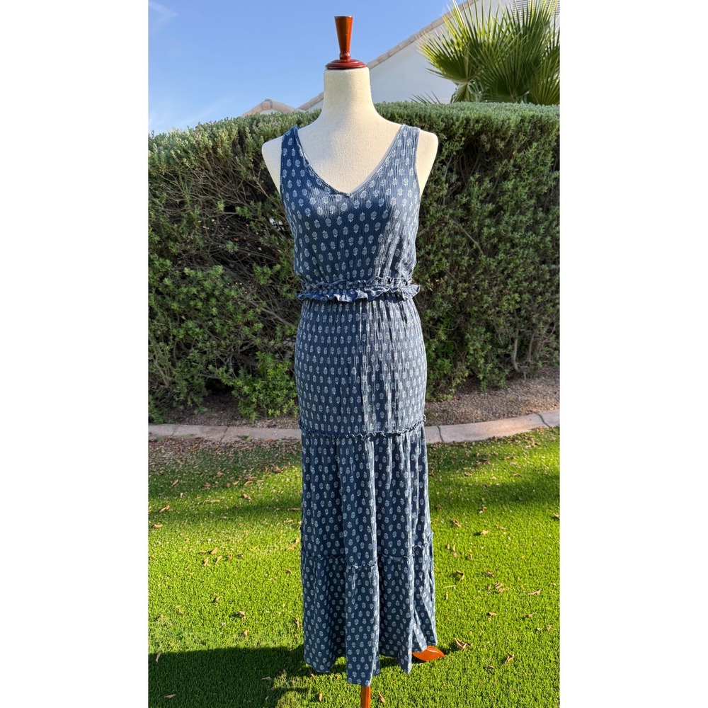 Lucky Brand Navy Maxi Tiered Sundress Sleeveless V-Neck Small Cottagecore Boho